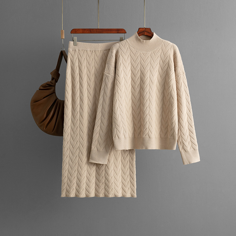 Half high collar long sleeved pullover top+skirt two-piece set - Image 6