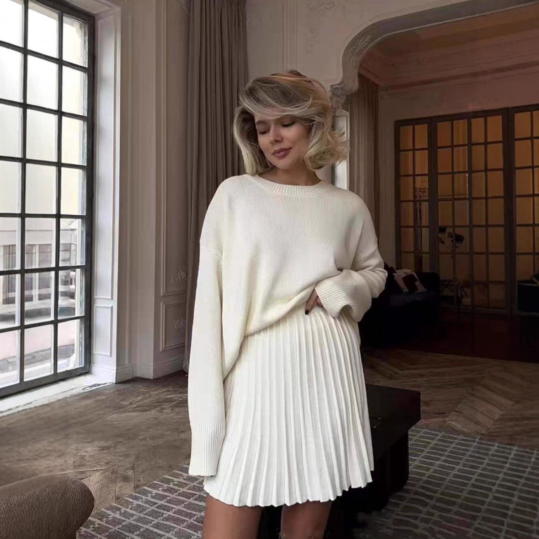 Round Neck Sweater with Pleated Skirt Set - Image 2