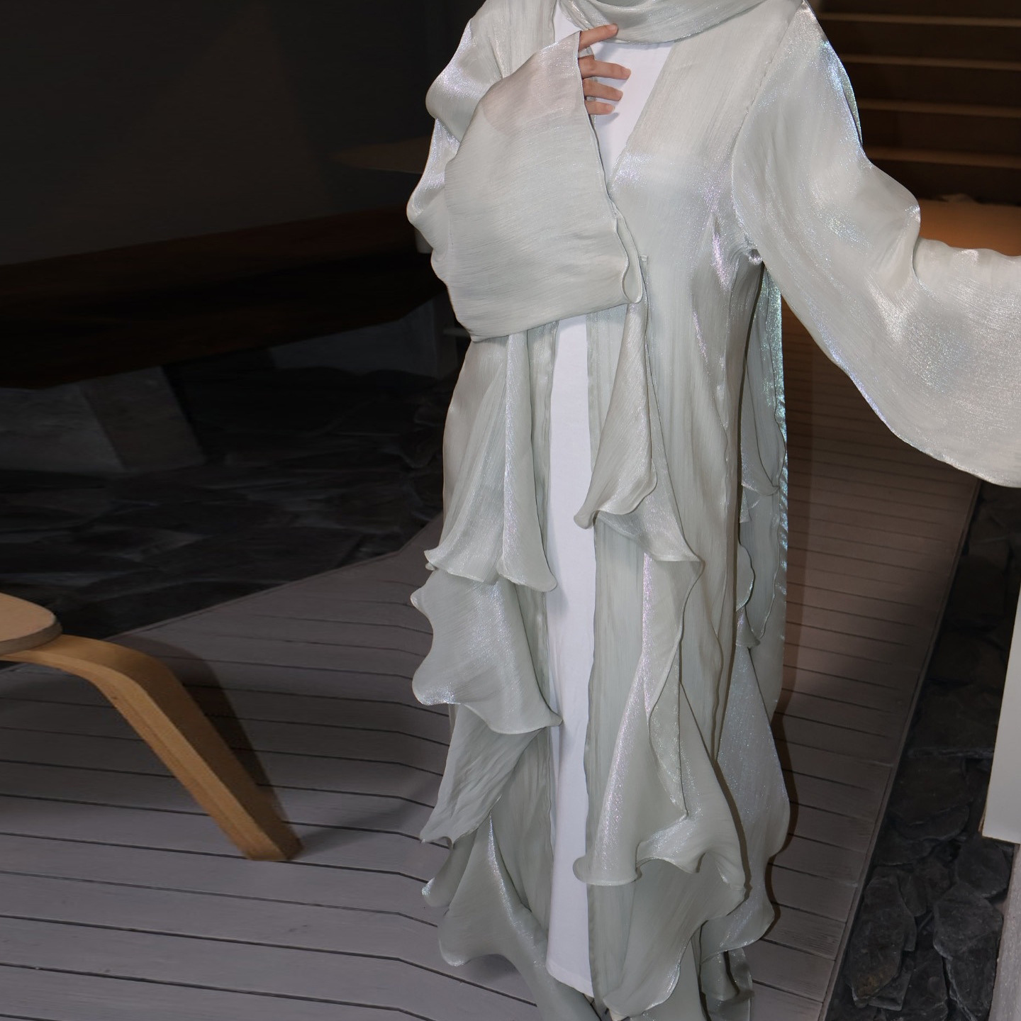 Women's Scarf Long Dress Set with Solid Color Open Front Jacket - Image 5