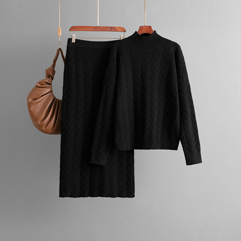 Half high collar long sleeved pullover top+skirt two-piece set - Image 5