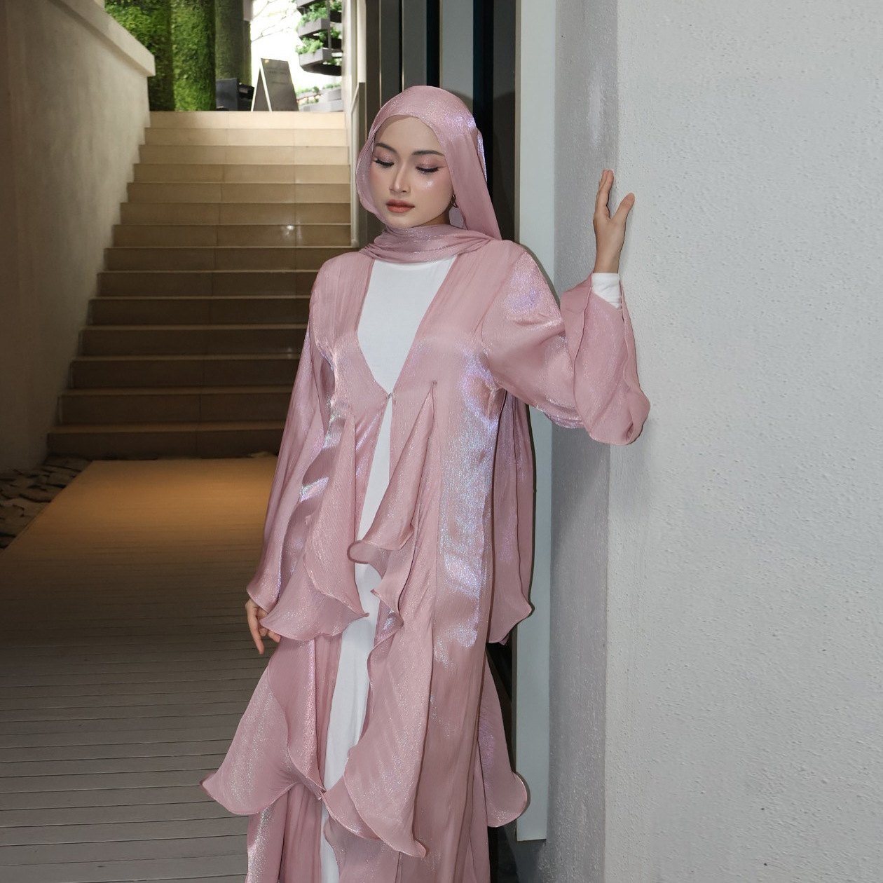 Women's Scarf Long Dress Set with Solid Color Open Front Jacket - Image 3