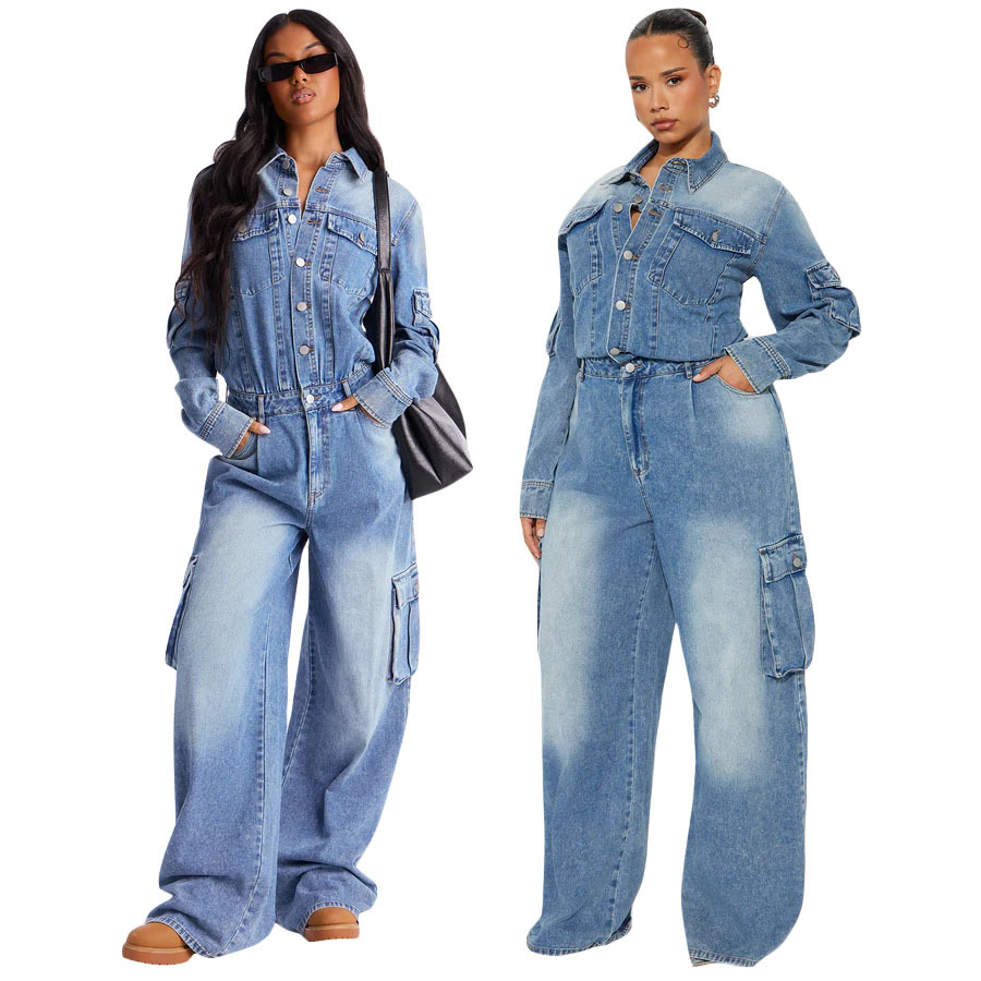 Long sleeved multi pocket wide leg pants