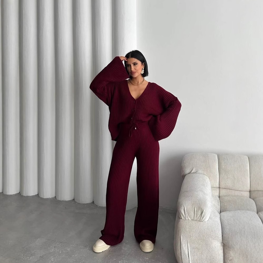 Spring and Autumn New Foreign Trade Casual Women's Solid Color Long Sleeve Buttoned Cardigan Pants Fashion Set - Image 4