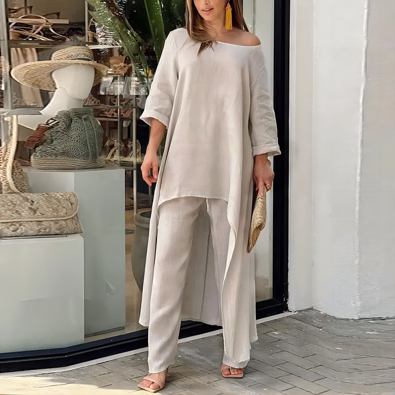 Cotton Linen Long Sleeve Irregular Hem Loose Fit Women's Two-Piece Set Top & Wide-Leg Pants