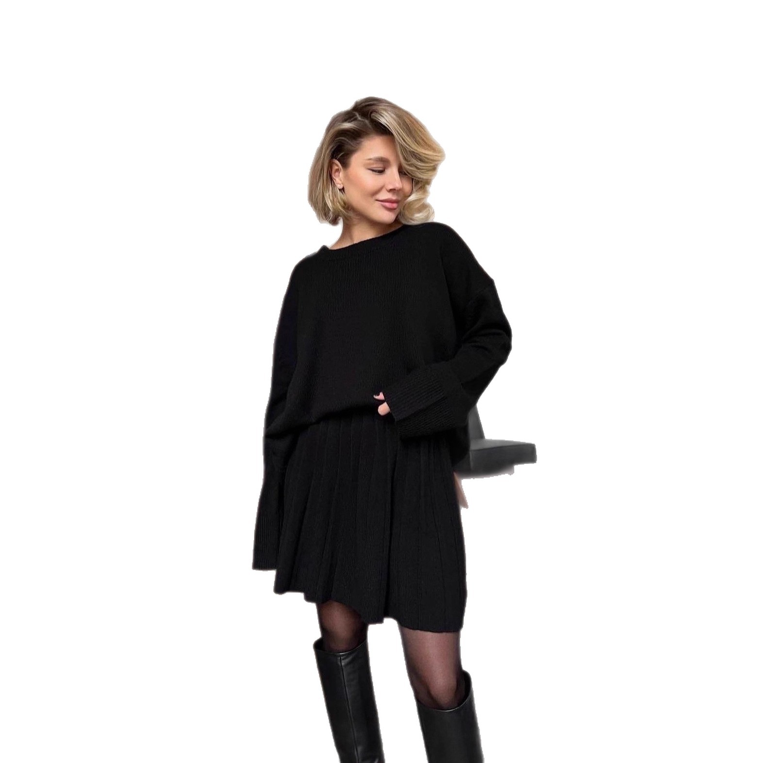Round Neck Sweater with Pleated Skirt Set