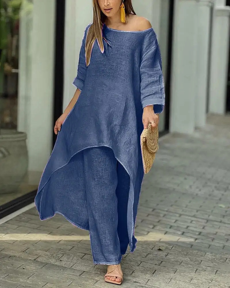 Cotton Linen Long Sleeve Irregular Hem Loose Fit Women's Two-Piece Set Top & Wide-Leg Pants - Image 14
