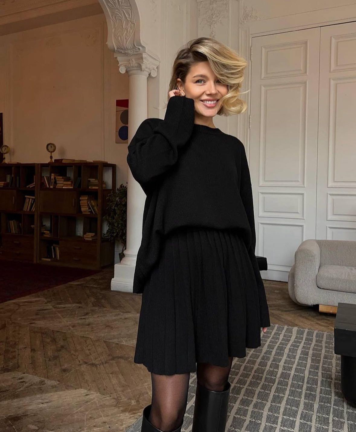 Round Neck Sweater with Pleated Skirt Set - Image 7