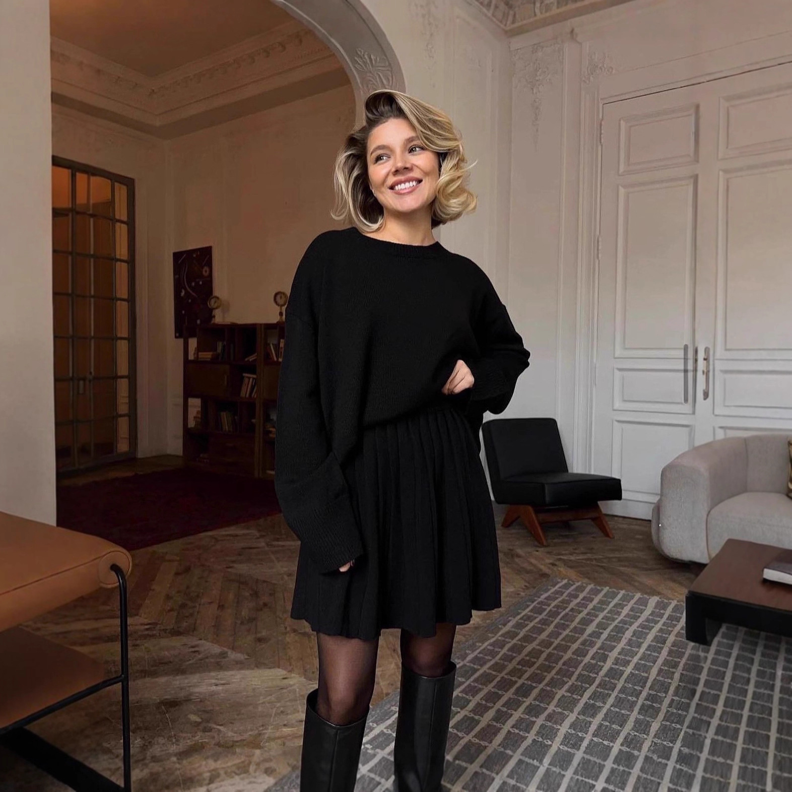 Round Neck Sweater with Pleated Skirt Set - Image 4