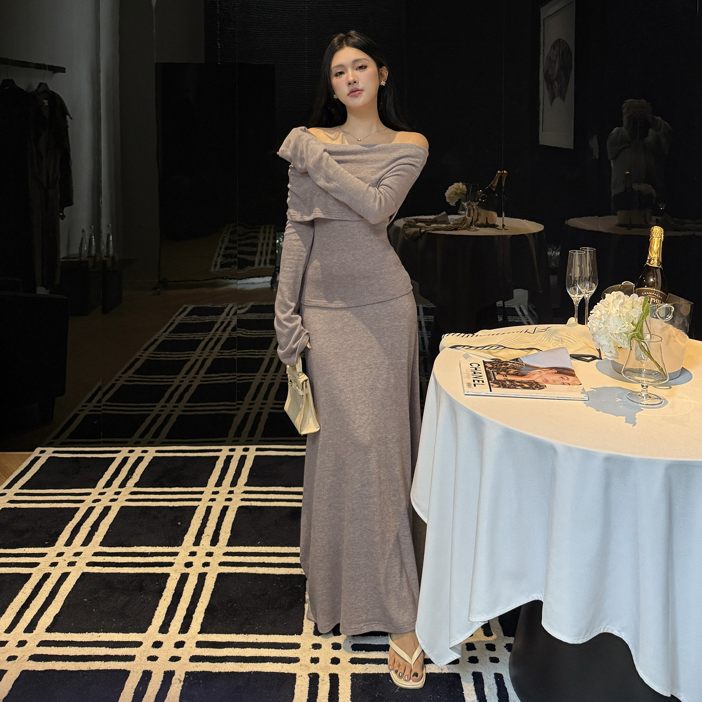 One shoulder knitted suit women's autumn and - Image 5