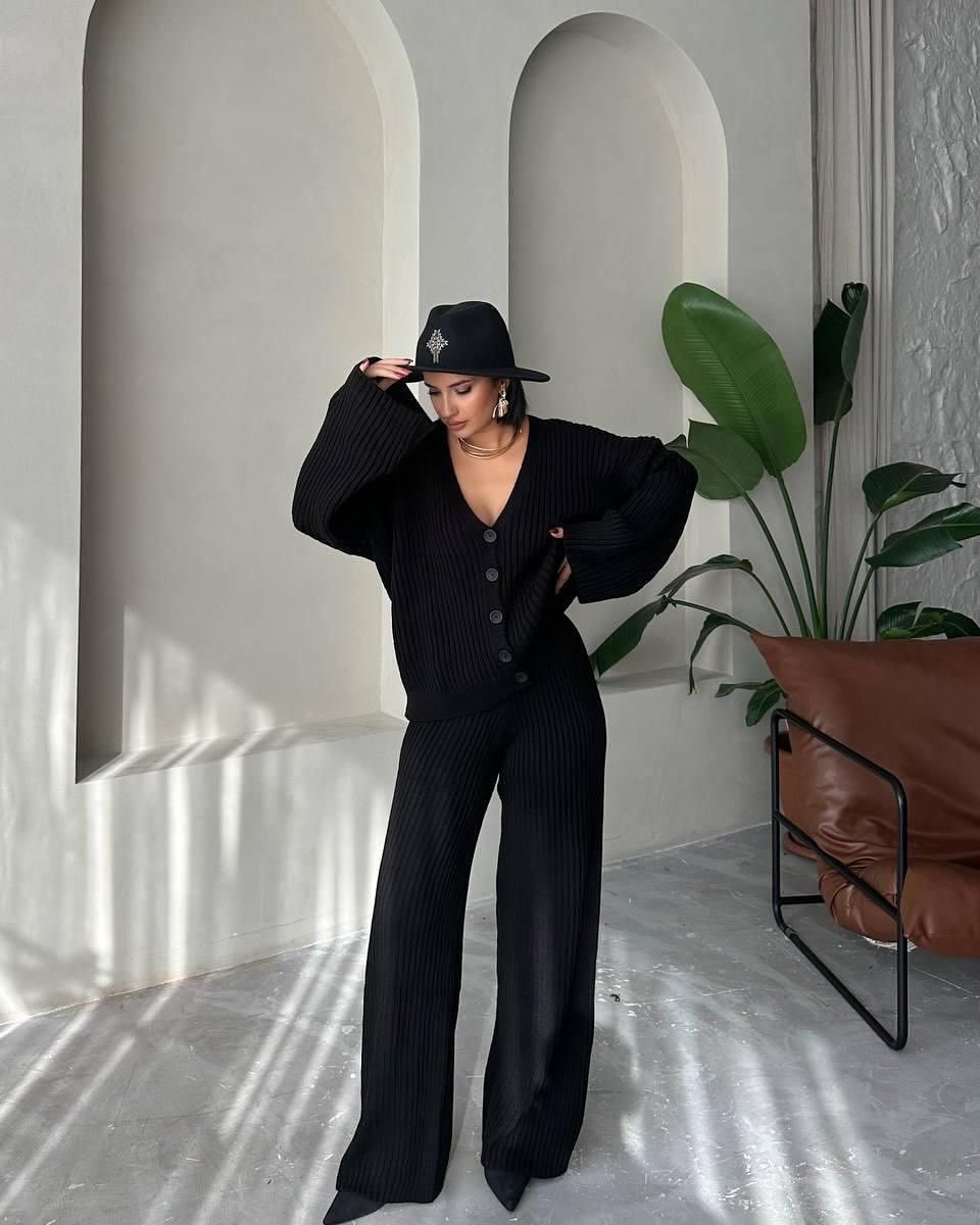 Spring and Autumn New Foreign Trade Casual Women's Solid Color Long Sleeve Buttoned Cardigan Pants Fashion Set - Image 7