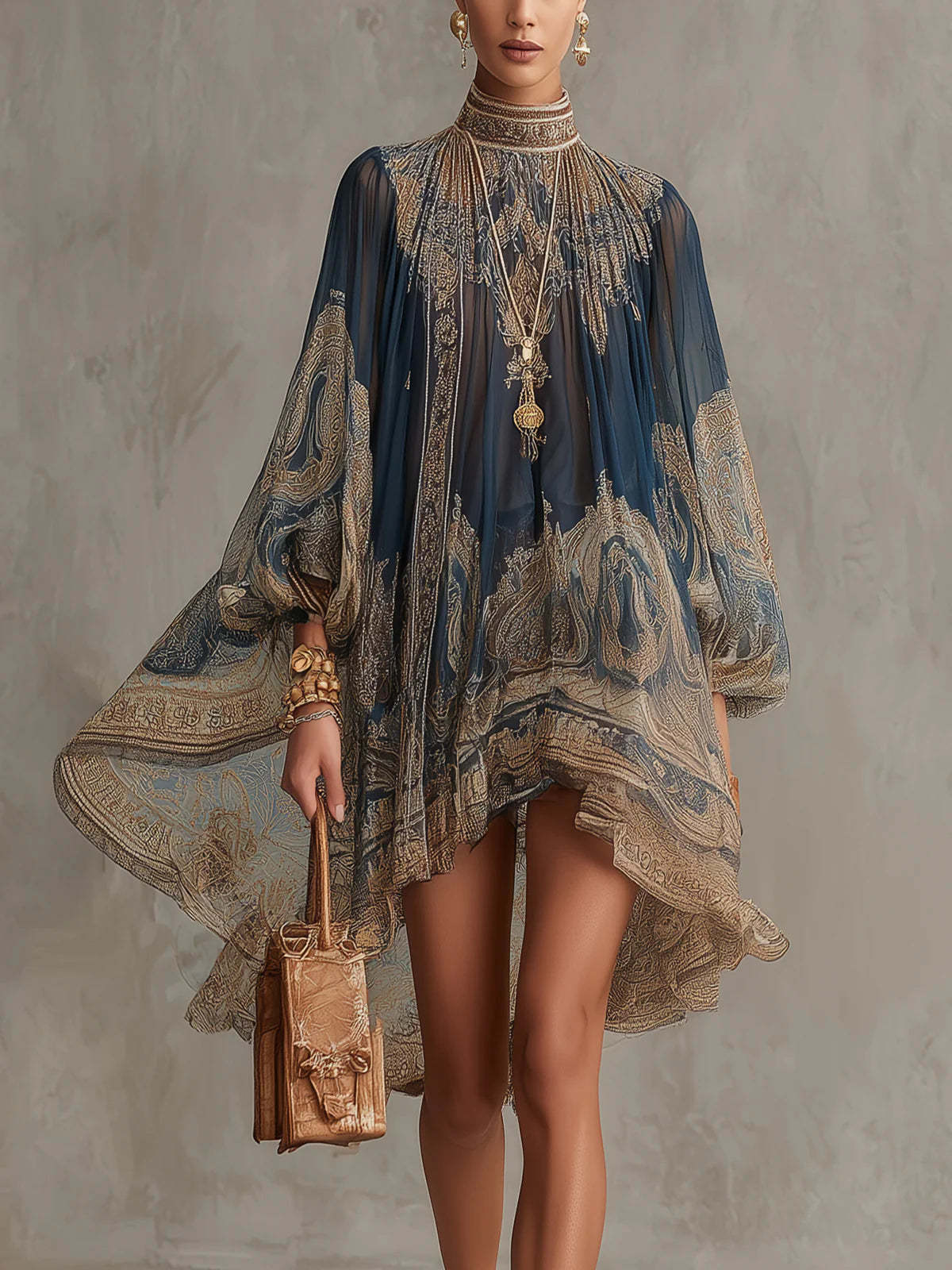 Printed Long Sleeve High Neck Loose Dress - Image 6