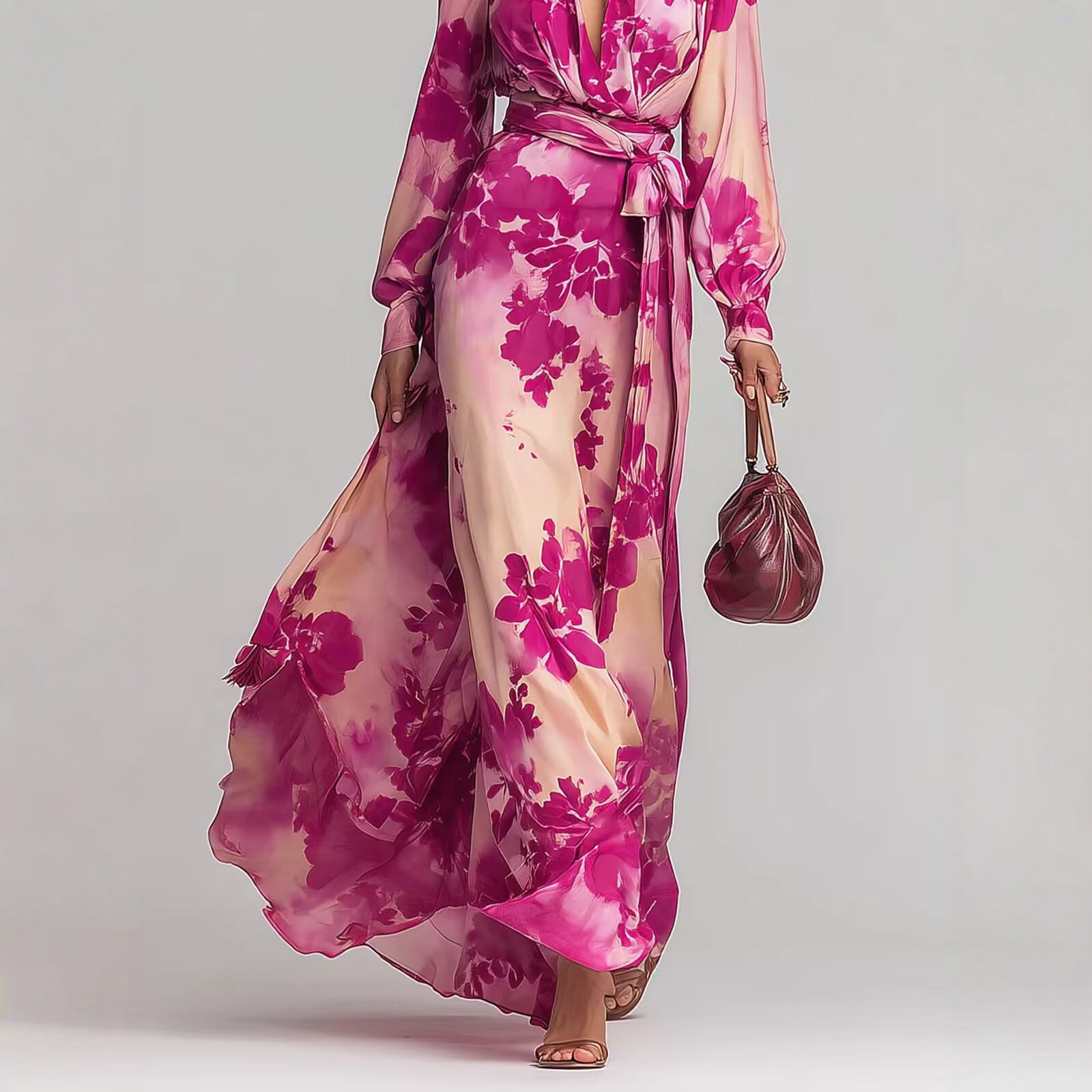 Printed Chiffon Long Sleeve V-Neck Tie-Up Dress Elegant Chic Spring New Long Dress - Image 3