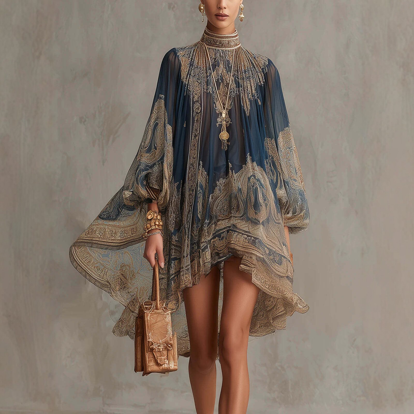 Printed Long Sleeve High Neck Loose Dress