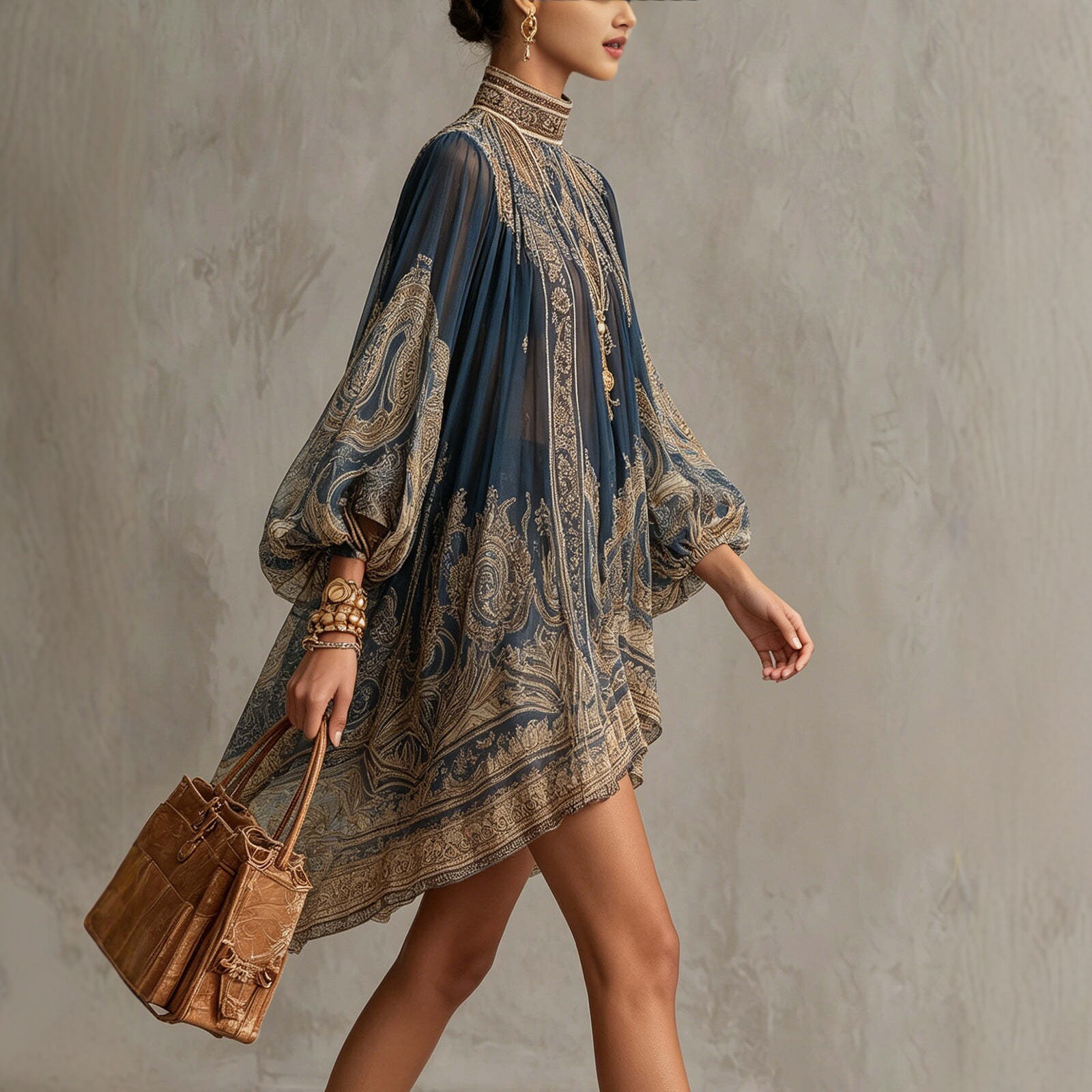 Printed Long Sleeve High Neck Loose Dress - Image 3