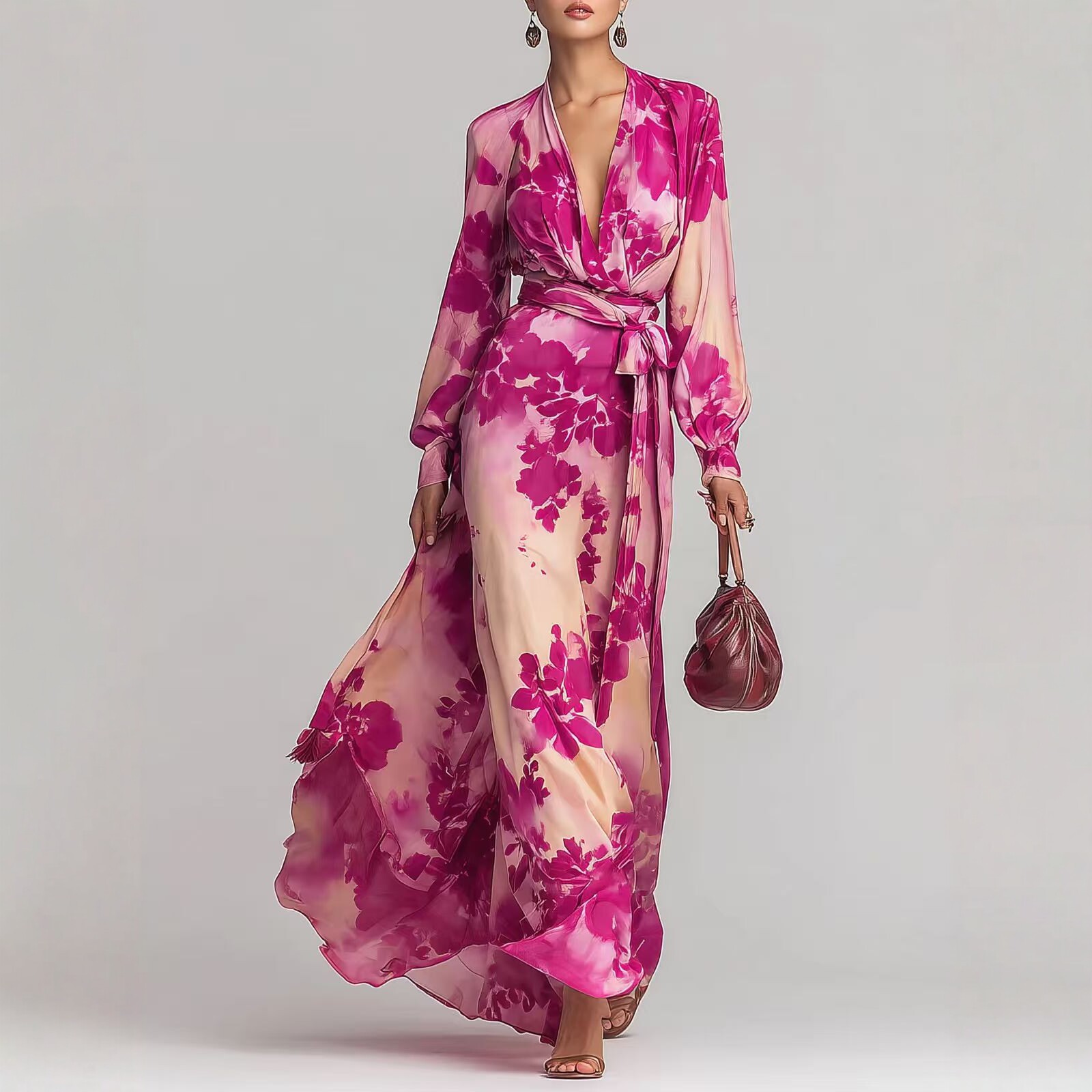 Printed Chiffon Long Sleeve V-Neck Tie-Up Dress Elegant Chic Spring New Long Dress