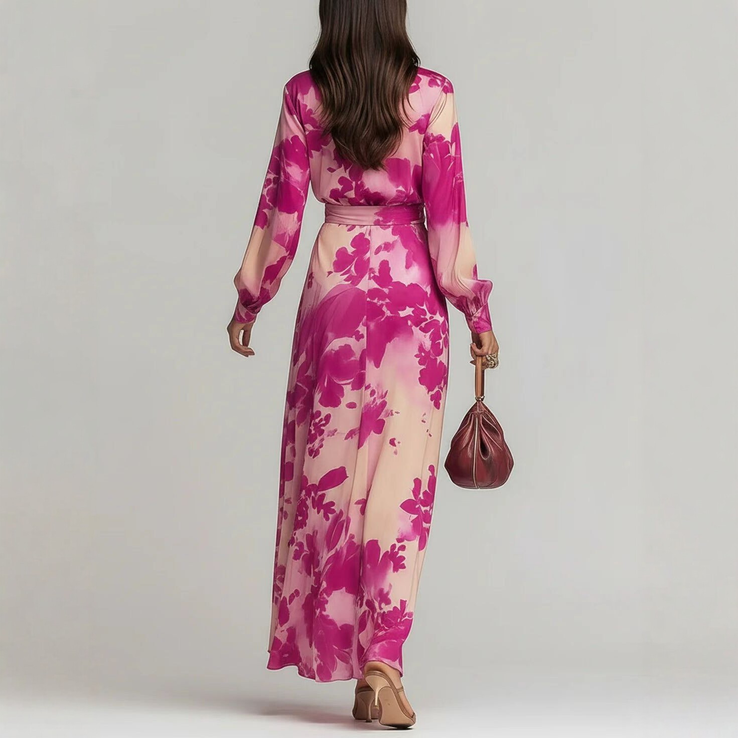 Printed Chiffon Long Sleeve V-Neck Tie-Up Dress Elegant Chic Spring New Long Dress - Image 2